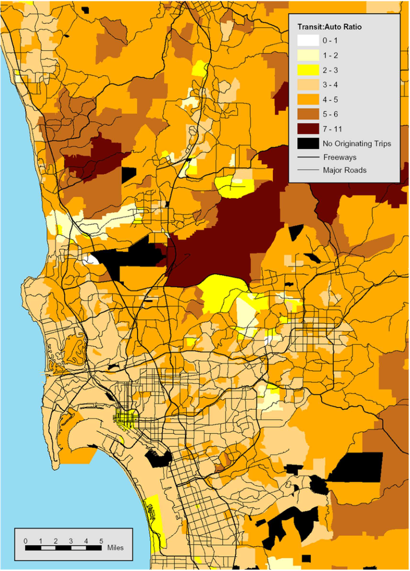 Full regional transit-to-automobile competitiveness map, including the travel-time ratio legend and distance scale